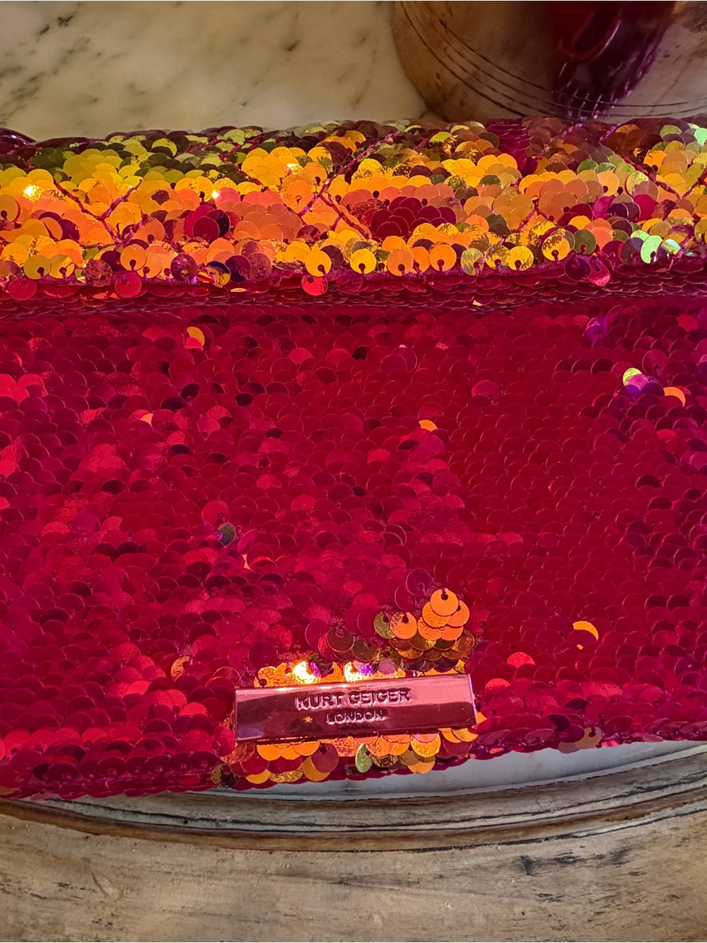 Kurt Geiger Kensington Fuchsia Pink and Gold Sequin Chain Crossbody Bag - Picture 3 of 13